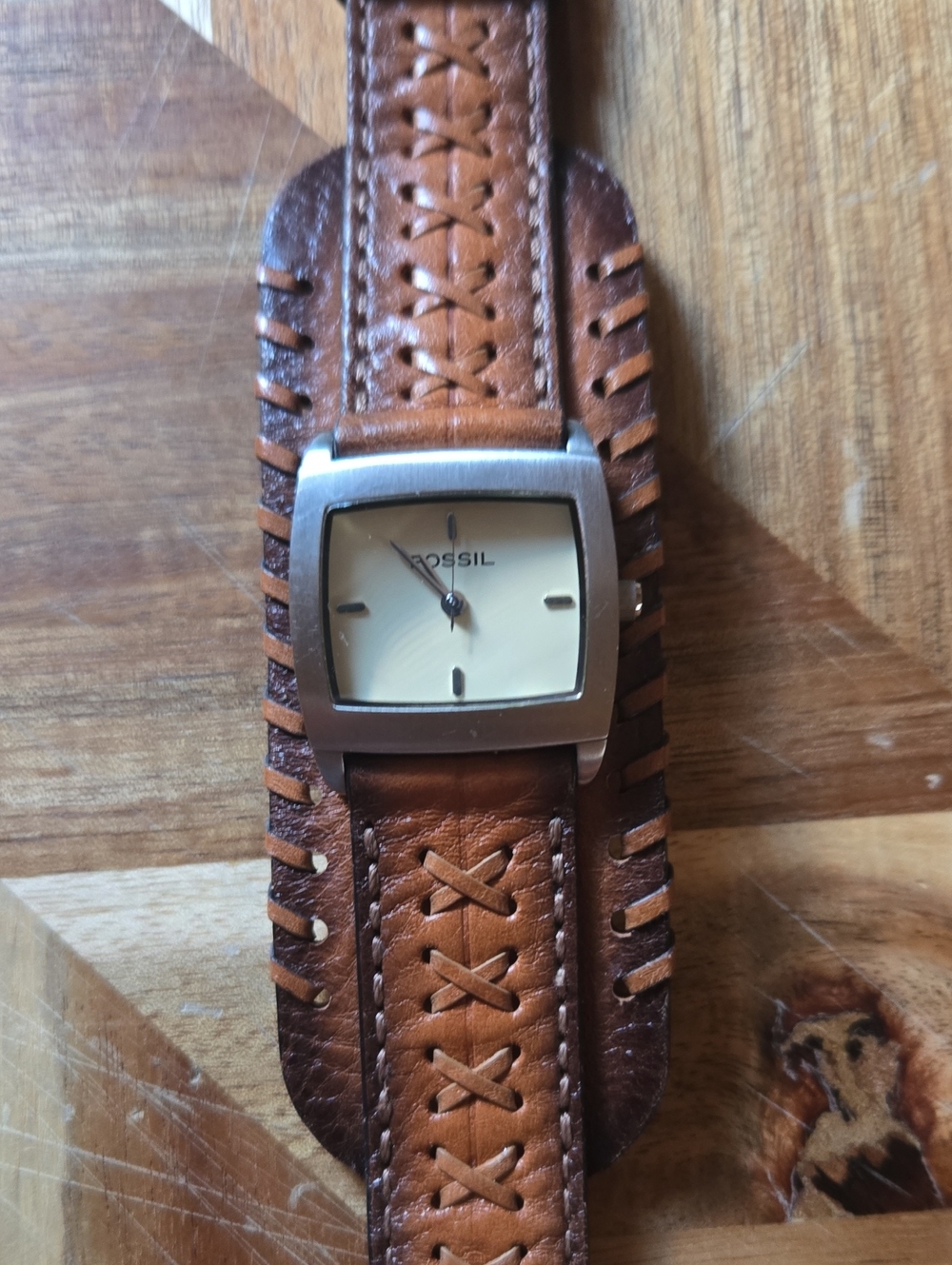 Vintage Fossil Square Cuff Watch Brown Leather Braided Wide Band Excellent Cond.